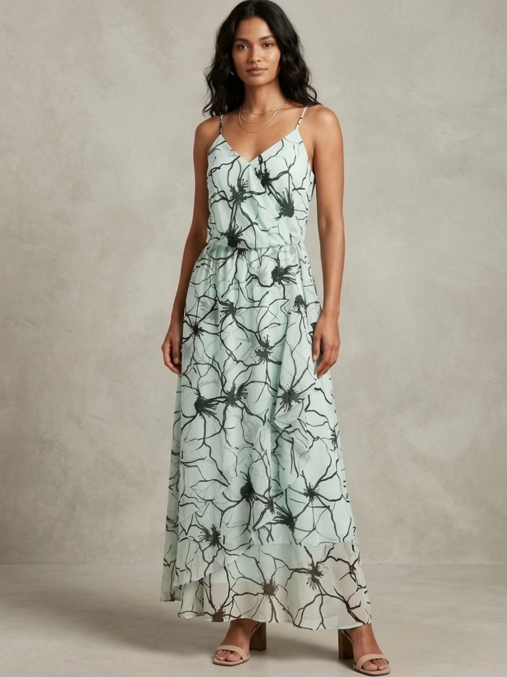 Banana Republic Floral Wrap Maxi Dress 10P Mint Green Ruffle Summer Casual